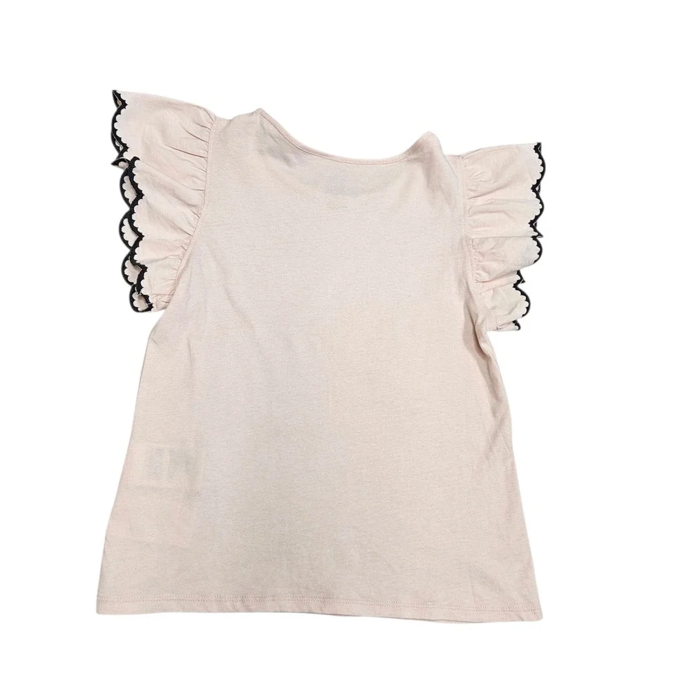 H&M NWT Girls Pink Flutter‎ Sleeve Top Black Lace Trim Size 6-7 Cottagecore